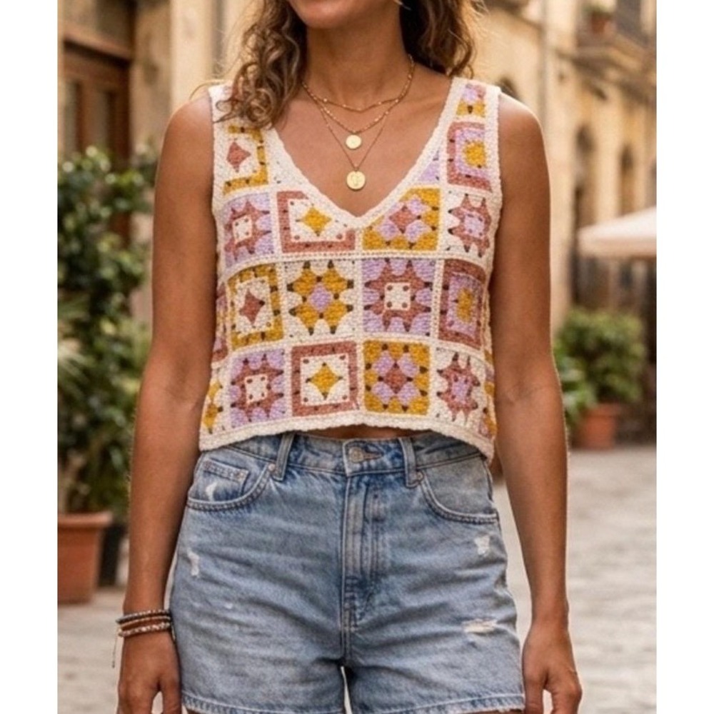 Rebellion Crochet Patchwork Tank Top Granny Square Boho Festival Size XS New